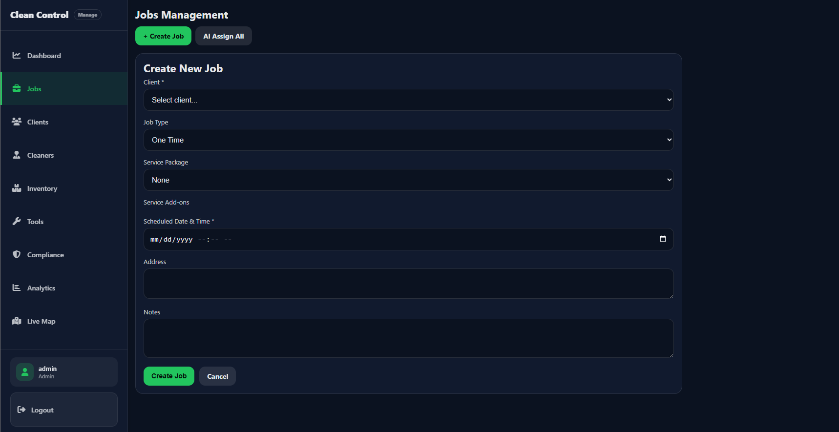 Create New Job form — client, package, schedule, address