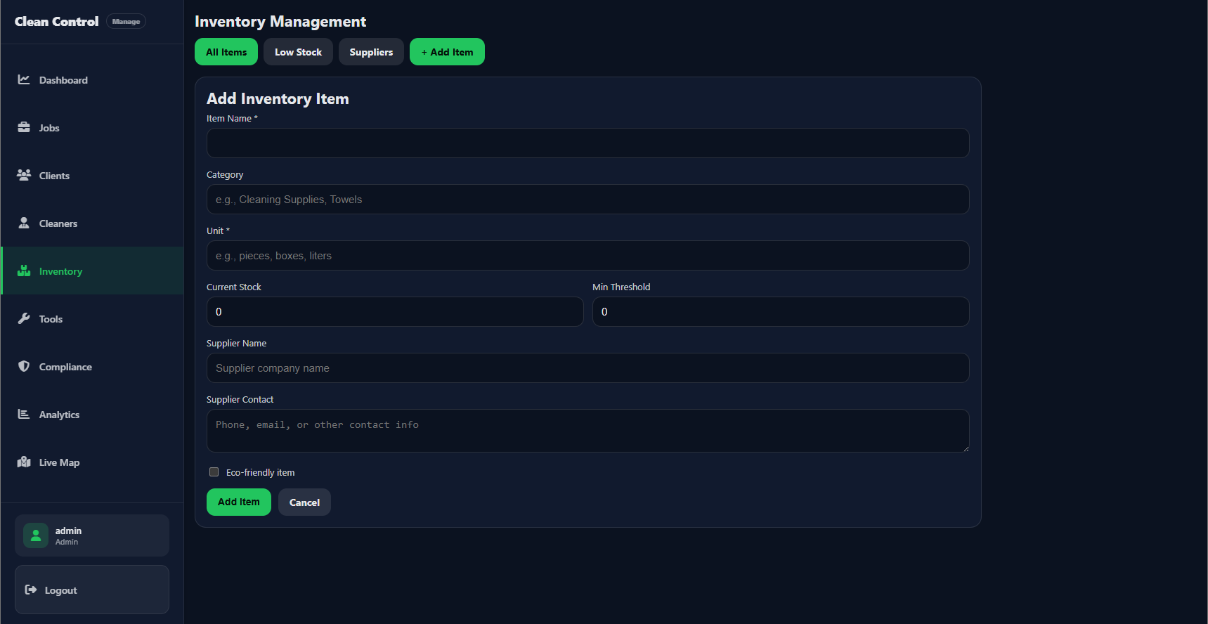 Admin — Add Inventory Item form