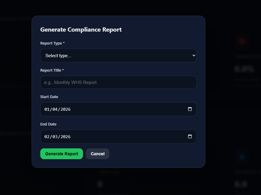 Admin — Generate Compliance Report modal